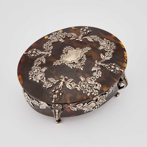 488 - A VICTORIAN SILVER-MOUNTED TORTOISESHELL JEWELLERY BOX  by George Fox, London 1892, oval with a hing... 