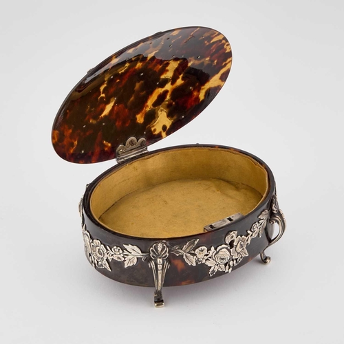 488 - A VICTORIAN SILVER-MOUNTED TORTOISESHELL JEWELLERY BOX  by George Fox, London 1892, oval with a hing... 