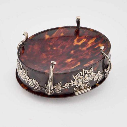 488 - A VICTORIAN SILVER-MOUNTED TORTOISESHELL JEWELLERY BOX  by George Fox, London 1892, oval with a hing... 