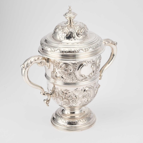 490 - A LARGE VICTORIAN SILVER TWO-HANDLED CUP AND COVER by Edward Barnard & Sons Ltd, London 1897, in... 