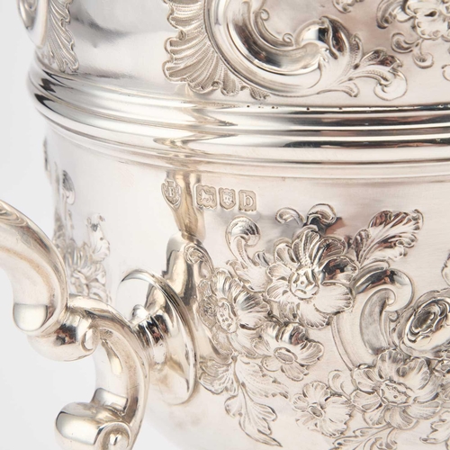 490 - A LARGE VICTORIAN SILVER TWO-HANDLED CUP AND COVER by Edward Barnard & Sons Ltd, London 1897, in... 