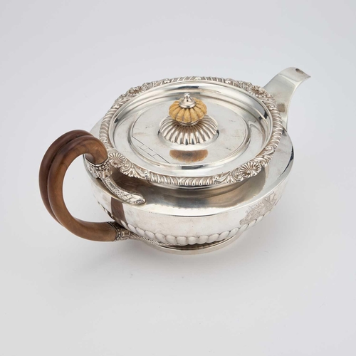 498 - § A GEORGE III SILVER TEAPOT by William Burwash, London 1818, of squat circular form, the flat hinge... 