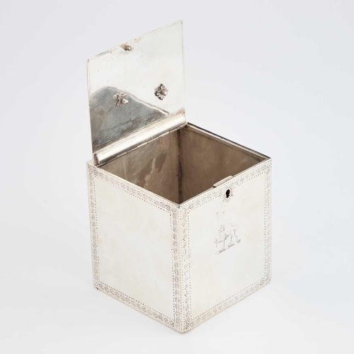 504 - A GEORGE III SILVER TEA TUB (CADDY) maker I.C, London 1773, square, the hinged cover with an applied... 