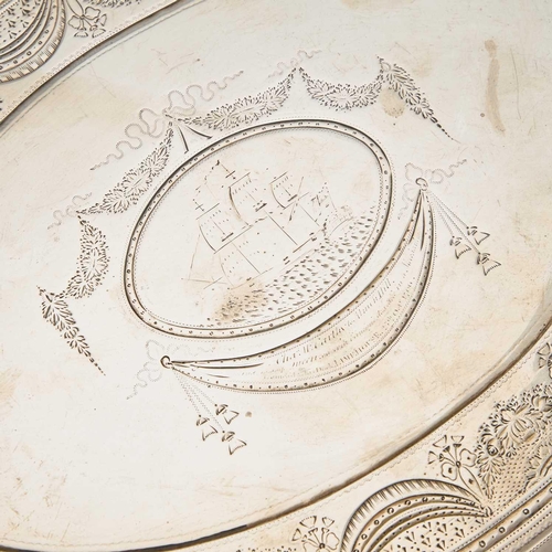 514 - A GEORGE III SILVER SALVER by John Crouch I & Thomas Hannam, London 1791, oval form with a mould... 