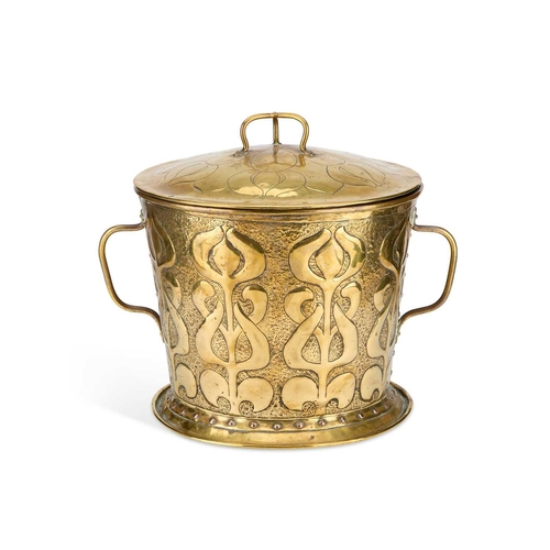 545 - AN ARTS AND CRAFTS BRASS COAL BIN the domed lid with a tri-form handle, the base with slightly taper... 