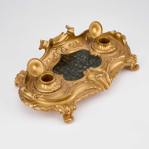 560 - A LOUIS XV STYLE GILT-BRONZE AND MARBLE INKSTAND, LATE 19TH CENTURY cast with scrolls and foliage, t... 