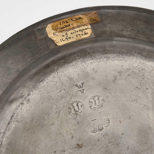 573 - THREE ENGLISH PEWTER CHARGERS, CIRCA 1700 including Baldwin of Wigan. (3) Largest 42cm diameterThe W... 