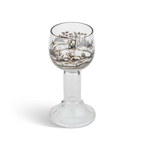 59 - A SCHWARTZLOT ENAMELLED GLASS GOBLET attributed to Josef Lenhardt of Steinschönau, the round bowl en... 