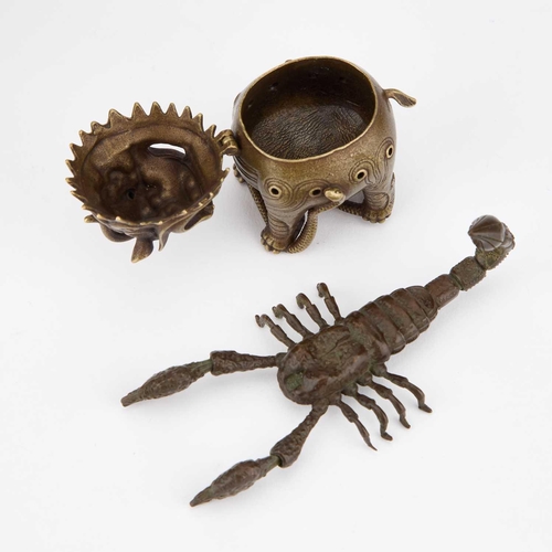 592 - A JAPANESE BRONZE MODEL OF A SCORPION together with a Chinese silver and enamel tripod vessel and a ... 