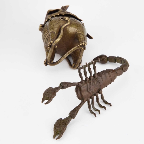 592 - A JAPANESE BRONZE MODEL OF A SCORPION together with a Chinese silver and enamel tripod vessel and a ... 