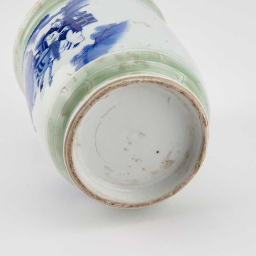 606 - A CHINESE BLUE AND WHITE VASE underglaze blue painted with figures between celadon bands with incise... 