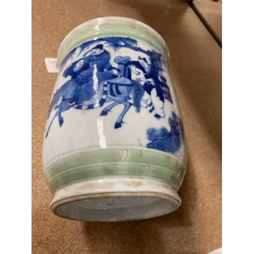 606 - A CHINESE BLUE AND WHITE VASE underglaze blue painted with figures between celadon bands with incise... 