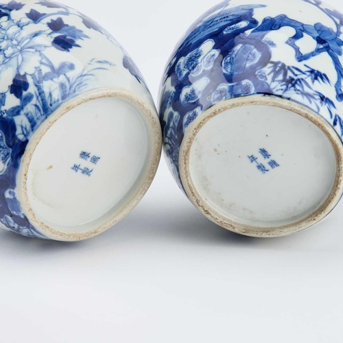 630 - A PAIR OF CHINESE BLUE AND WHITE GINGER JARS probably 19th Century, each painted with a bird perched... 