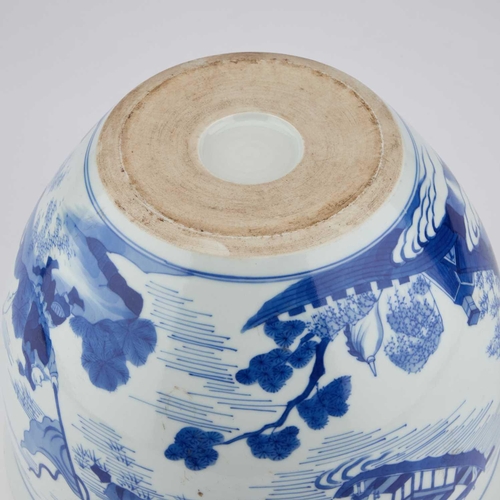 643 - A CHINESE BLUE AND WHITE JARDINIÈRE painted with a figural scene depicting various warriors on the b... 