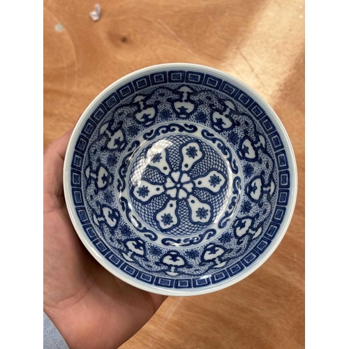 644 - A CHINESE BLUE AND WHITE BOWL underglaze blue painted with flowers and tendrils, the interior furthe... 