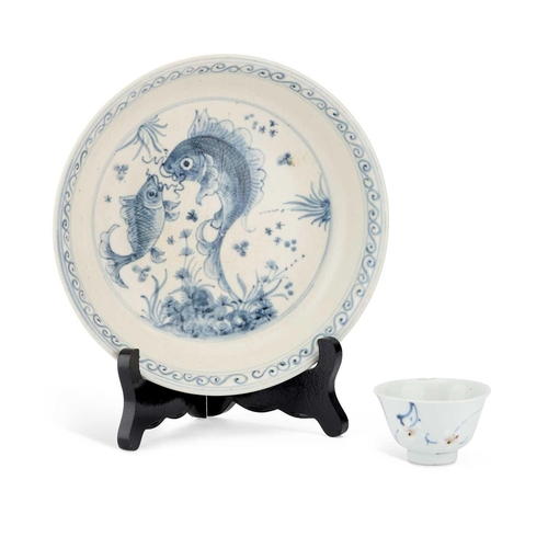 646 - A CHINESE BLUE AND WHITE 'FISH' DISH together with a blue and white cup, bears mark in double circle... 