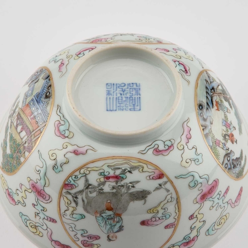 649 - A CHINESE FAMILLE ROSE 'MEDALLION' BOWL the exterior enamelled with four medallions depicting Zhinü ... 