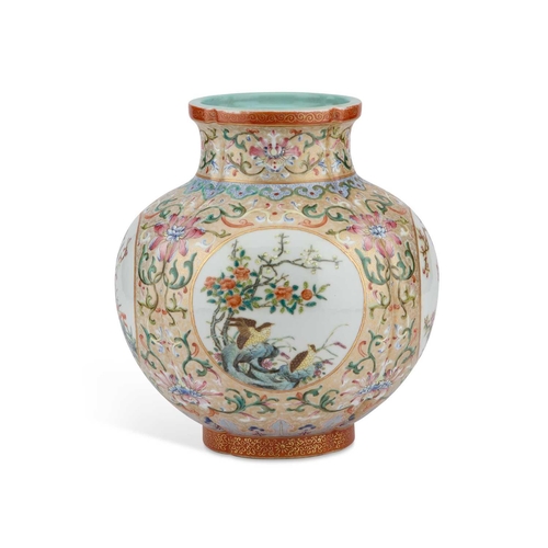 650 - A CHINESE POMEGRANATE-SHAPED VASE enamel painted with a roundel to each side, the ground decorated w... 