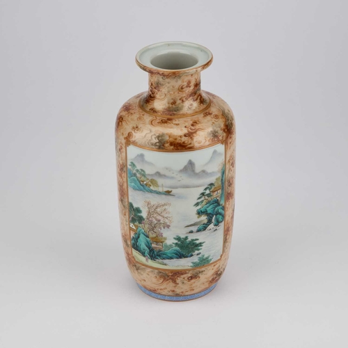 682 - A CHINESE FAMILLE ROSE 'LANDSCAPE' VASE decorated with two landscape panels, bears a six-character m... 