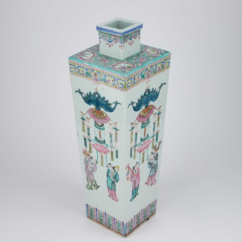 686 - A CHINESE FAMILLE ROSE VASE, PROBABLY 19TH CENTURY of tapering square-section, enamel painted with f... 