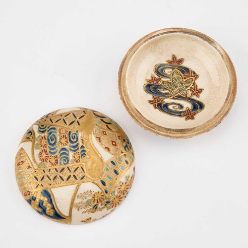 690 - A JAPANESE IMPERIAL SATSUMA BOX AND COVER, KOGO enamelled and richly gilded with a textile pattern, ... 