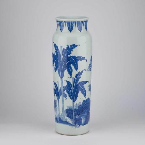 695 - A LARGE CHINESE BLUE AND WHITE 'SAAGATA' SLEEVE VASE the tall cylindrical vessel painted around the ... 