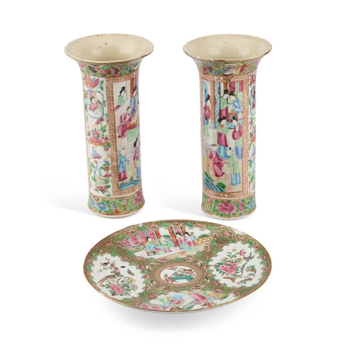 703 - A PAIR OF 19TH CENTURY CHINESE FAMILLE ROSE SLEEVE VASES AND A CIRCULAR PLATE each decorated in the ... 