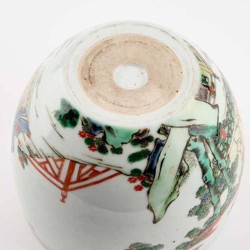 707 - A CHINESE FAMILLE VERTE PLANTER circular with rounded sides, enamel painted figures. 12cm high, 15cm... 