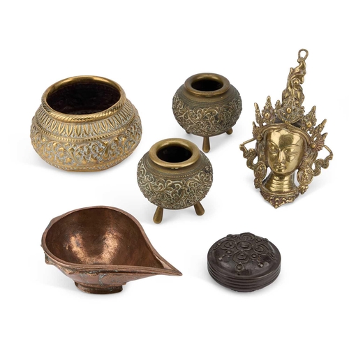 712 - A GROUP OF METALWORK including an Indian libation cup; a small circular bronze box and cover, signed... 