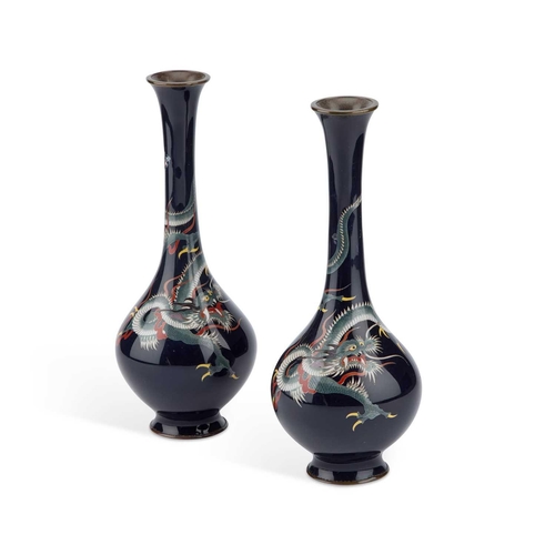 713 - A PAIR OF JAPANESE CLOISONNÉ ENAMEL 'DRAGON' VASES bottle-shaped, each decorated with a dragon on a ... 