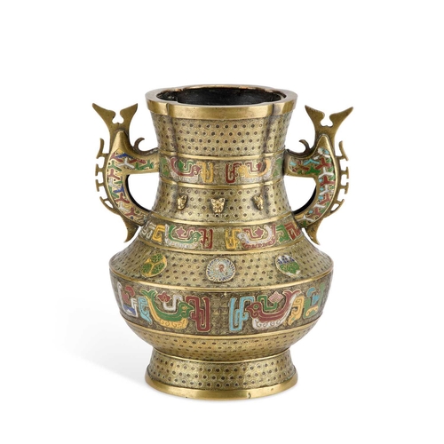 725 - A LARGE BRONZE AND CLOISONNÉ ENAMEL TWO-HANDLED VASE decorated in horizontal registers with colourfu... 