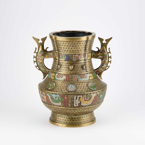 725 - A LARGE BRONZE AND CLOISONNÉ ENAMEL TWO-HANDLED VASE decorated in horizontal registers with colourfu... 