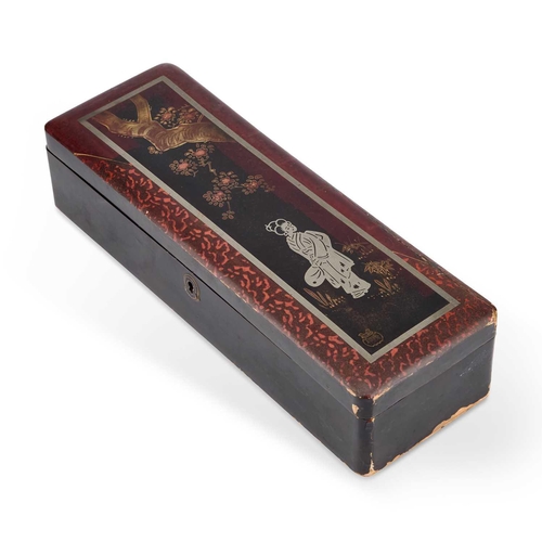 730 - A JAPANESE LACQUER GLOVE BOX, EARLY 20TH CENTURY the hinged cover decorated with the figure of a bij... 