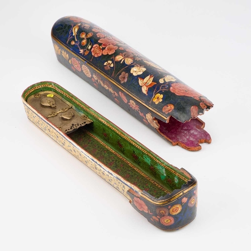 731 - A QAJAR LACQUER PEN BOX, PERSIA, 19TH CENTURY with rounded ends and a sliding tray, decorated in pol... 