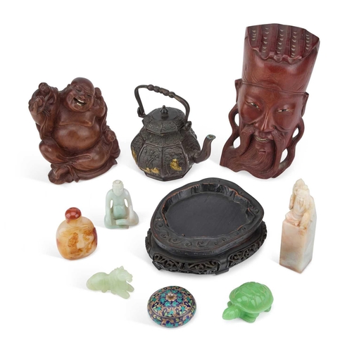 732 - A COLLECTION OF ORIENTAL ITEMS including a carved wooden stand, a bronze kettle, a small enamel-deco... 