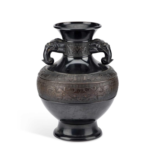 737 - A LARGE CHINESE BRONZE VASE, CIRCA 1900 in the Archaistic style, drilled. 36cm high