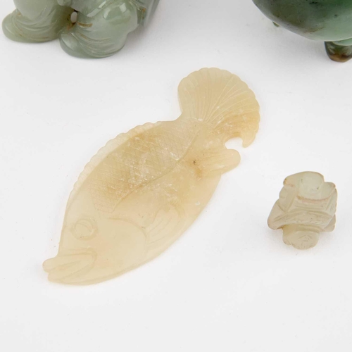 744 - THREE CHINESE JADE CARVINGS comprising a fish pendant, censer and figure. (3) Figure 8.5cm high... 