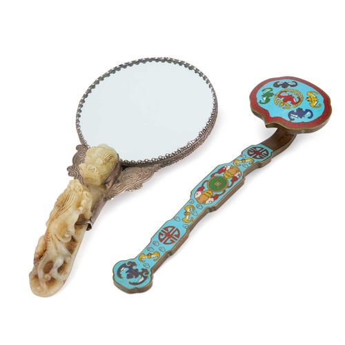 745 - A CHINESE SILVER AND JADE HAND-MIRROR AND A CHINESE CLIOSONNÉ RUYI SCEPTRE (2) Sceptre 20.5cm long... 