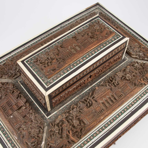 759 - AN ANGLO-INDIAN SANDALWOOD, IVORY AND SADELI WORK BOX, MID-19TH CENTURY decorated all over with bird... 