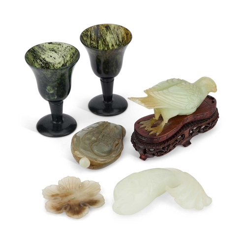 768 - A COLLECTION OF CHINESE JADE including a fish carving, snuff bottle, flowerhead brush rest, etc. (6)... 