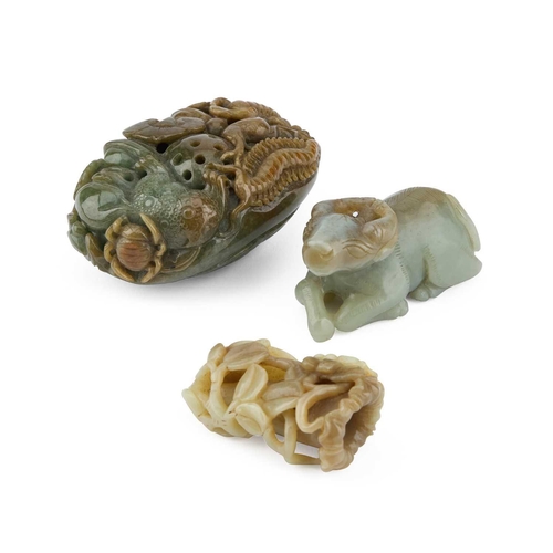 771 - THREE CHINESE JADE CARVINGS comprising a recumbent ram; a carving of an insect on flowers; and anoth... 