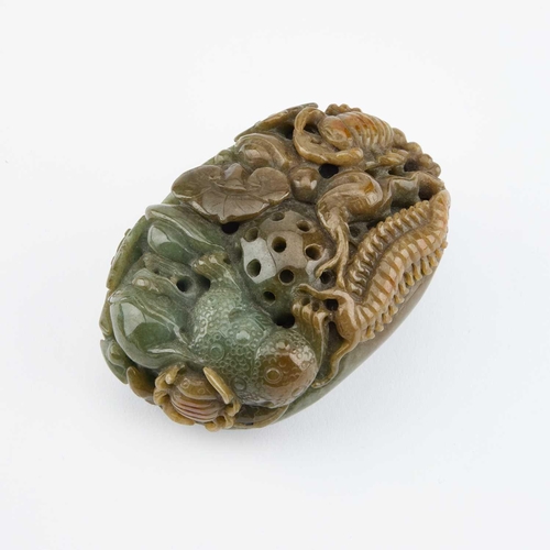 771 - THREE CHINESE JADE CARVINGS comprising a recumbent ram; a carving of an insect on flowers; and anoth... 