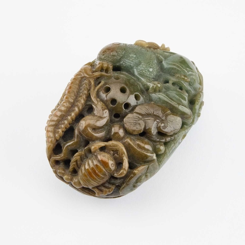 771 - THREE CHINESE JADE CARVINGS comprising a recumbent ram; a carving of an insect on flowers; and anoth... 