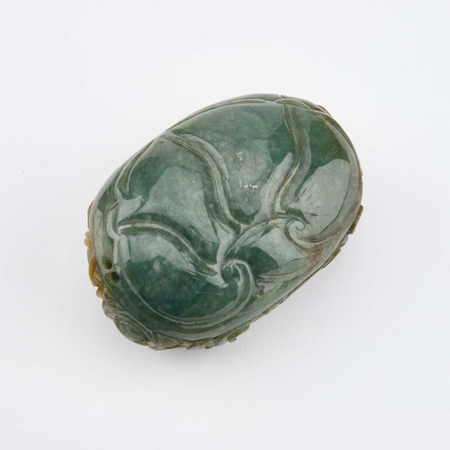 771 - THREE CHINESE JADE CARVINGS comprising a recumbent ram; a carving of an insect on flowers; and anoth... 