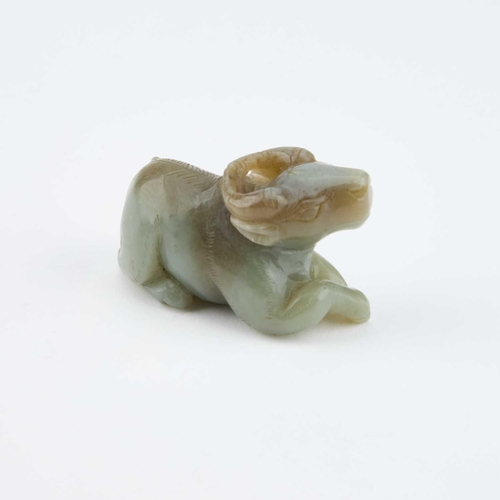 771 - THREE CHINESE JADE CARVINGS comprising a recumbent ram; a carving of an insect on flowers; and anoth... 