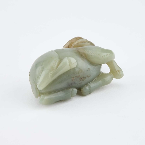 771 - THREE CHINESE JADE CARVINGS comprising a recumbent ram; a carving of an insect on flowers; and anoth... 