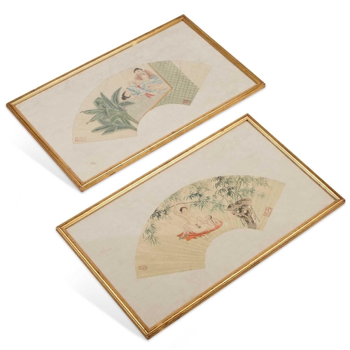 778 - TWO CHINESE EROTIC FAN PAINTINGS each with red printed seals. (2) Overall 41cm by 68cm