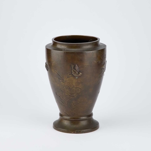 785 - A JAPANESE BRONZE VASE, MEIJI PERIOD (1868-1912) the tapering cylindrical body applied with birds an... 