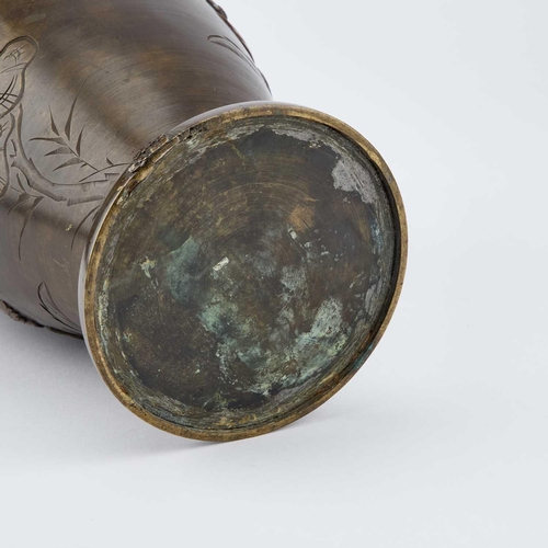 785 - A JAPANESE BRONZE VASE, MEIJI PERIOD (1868-1912) the tapering cylindrical body applied with birds an... 