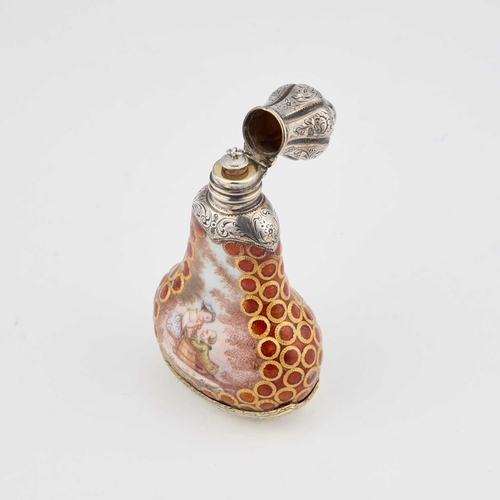 791 - A CONTINENTAL SILVER AND ENAMEL SCENT BOTTLE, 19TH CENTURY of bellied form with enamelling, featurin... 